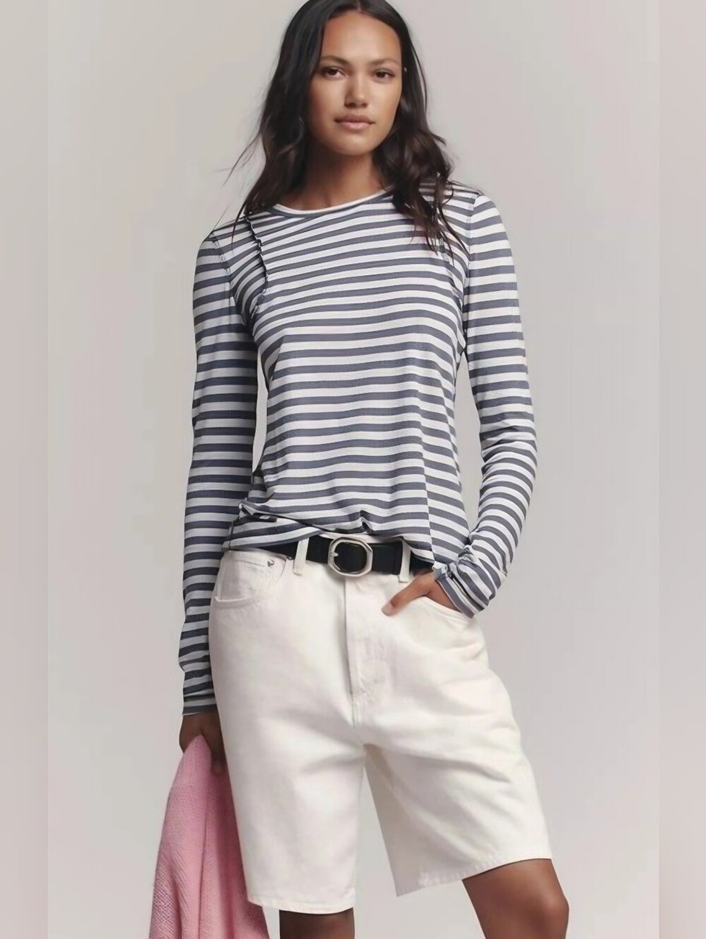 Pilcro NWOT Teddy Cotton Striped Long-Sleeve Crewneck Top - Navy & White Size S